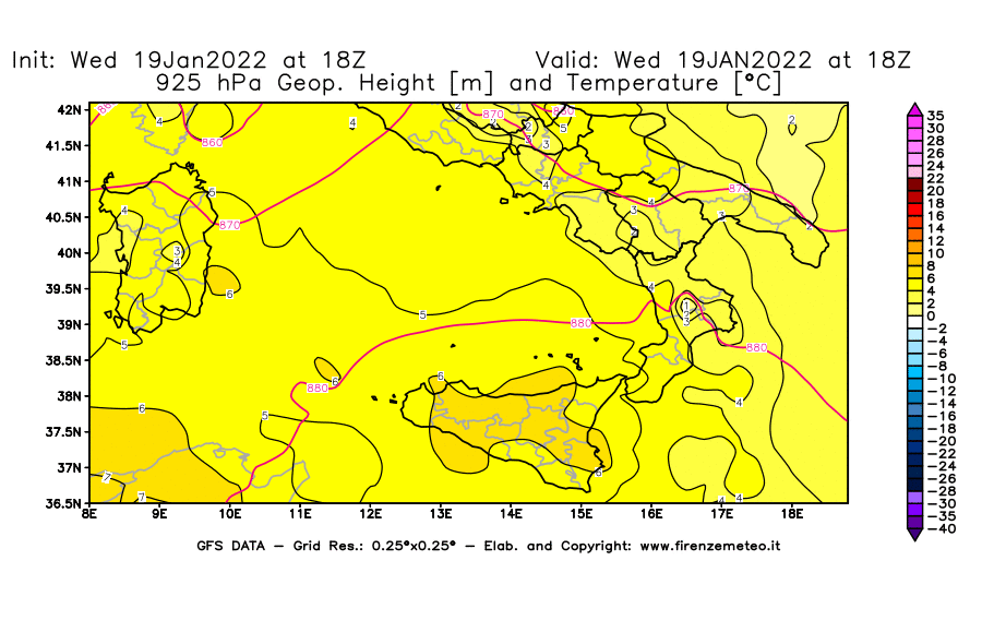 Mappa di analisi GFS - Geopotenziale [m] e Temperatura [°C] a 925 hPa in Sud-Italia
							del 19/01/2022 18 <!--googleoff: index-->UTC<!--googleon: index-->