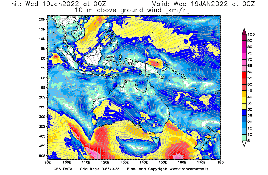 Mappa di analisi GFS - Velocità del vento a 10 metri dal suolo [km/h] in Oceania
							del 19/01/2022 00 <!--googleoff: index-->UTC<!--googleon: index-->