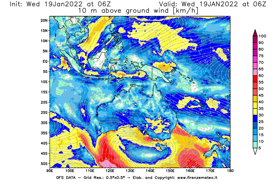 Mappa di analisi GFS - Velocità del vento a 10 metri dal suolo [km/h] in Oceania
							del 19/01/2022 06 <!--googleoff: index-->UTC<!--googleon: index-->