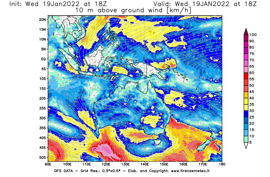 Mappa di analisi GFS - Velocità del vento a 10 metri dal suolo [km/h] in Oceania
							del 19/01/2022 18 <!--googleoff: index-->UTC<!--googleon: index-->