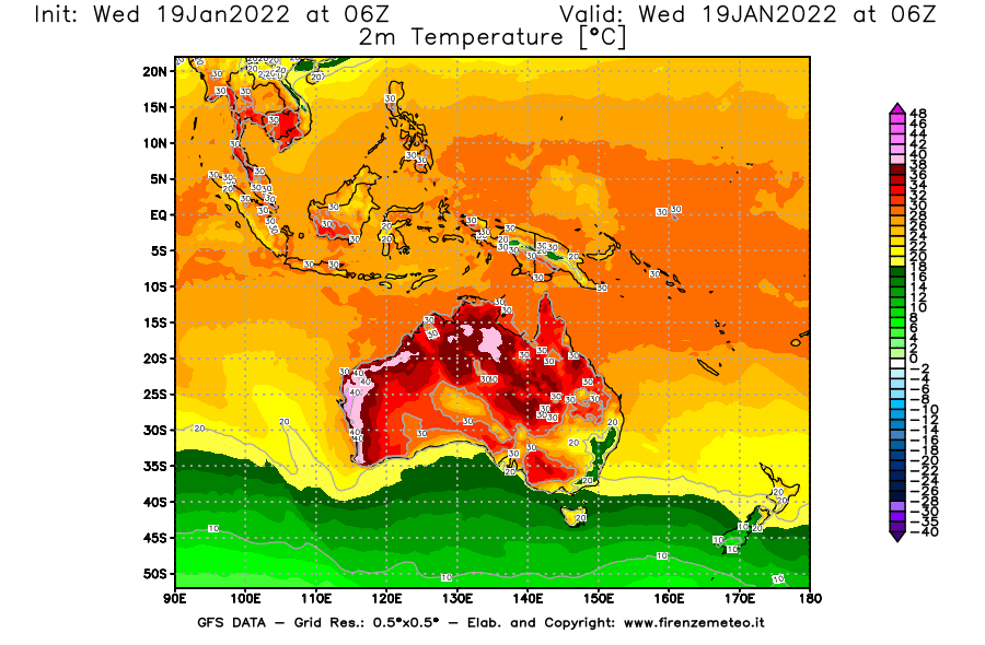 Mappa di analisi GFS - Temperatura a 2 metri dal suolo [°C] in Oceania
							del 19/01/2022 06 <!--googleoff: index-->UTC<!--googleon: index-->