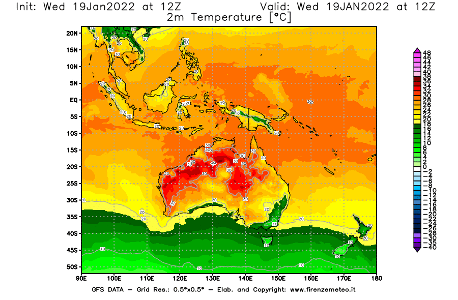 Mappa di analisi GFS - Temperatura a 2 metri dal suolo [°C] in Oceania
							del 19/01/2022 12 <!--googleoff: index-->UTC<!--googleon: index-->