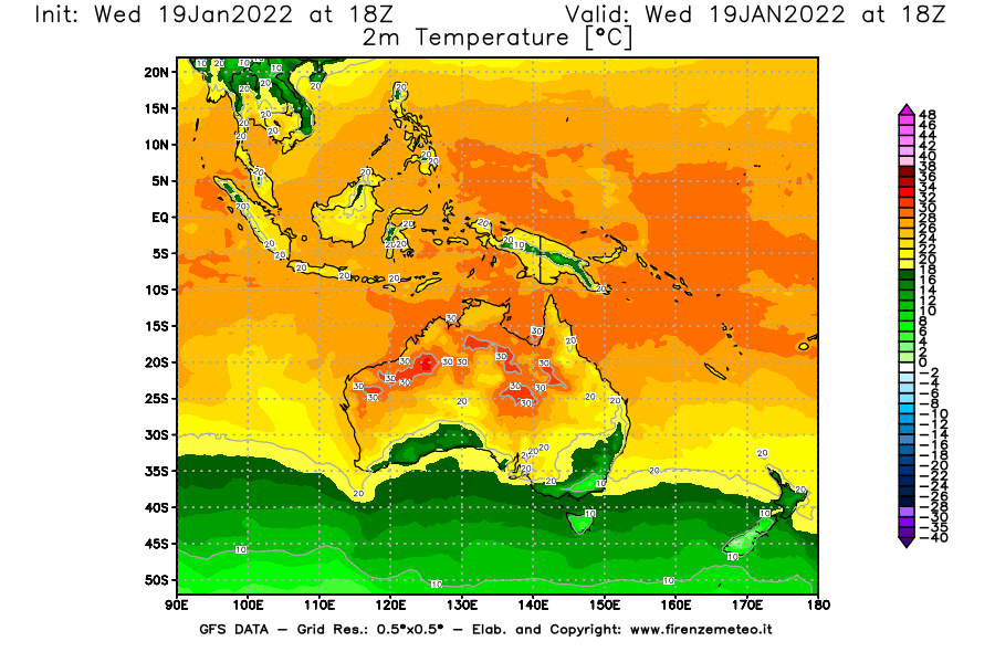 Mappa di analisi GFS - Temperatura a 2 metri dal suolo [°C] in Oceania
							del 19/01/2022 18 <!--googleoff: index-->UTC<!--googleon: index-->