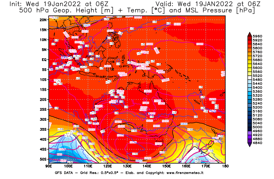 Mappa di analisi GFS - Geopotenziale [m] + Temp. [°C] a 500 hPa + Press. a livello del mare [hPa] in Oceania
							del 19/01/2022 06 <!--googleoff: index-->UTC<!--googleon: index-->