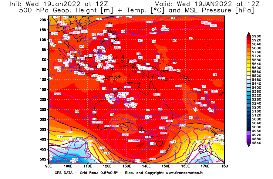 Mappa di analisi GFS - Geopotenziale [m] + Temp. [°C] a 500 hPa + Press. a livello del mare [hPa] in Oceania
							del 19/01/2022 12 <!--googleoff: index-->UTC<!--googleon: index-->