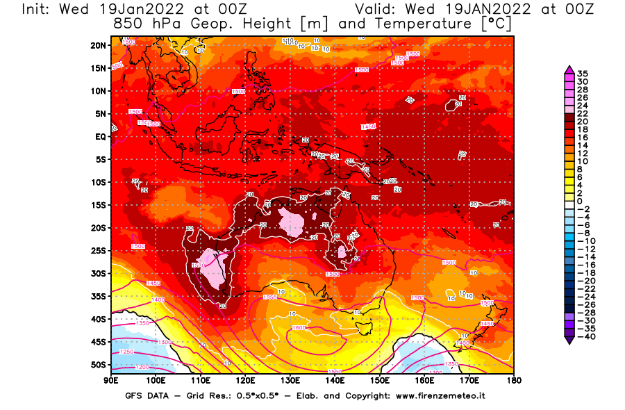 Mappa di analisi GFS - Geopotenziale [m] e Temperatura [°C] a 850 hPa in Oceania
							del 19/01/2022 00 <!--googleoff: index-->UTC<!--googleon: index-->