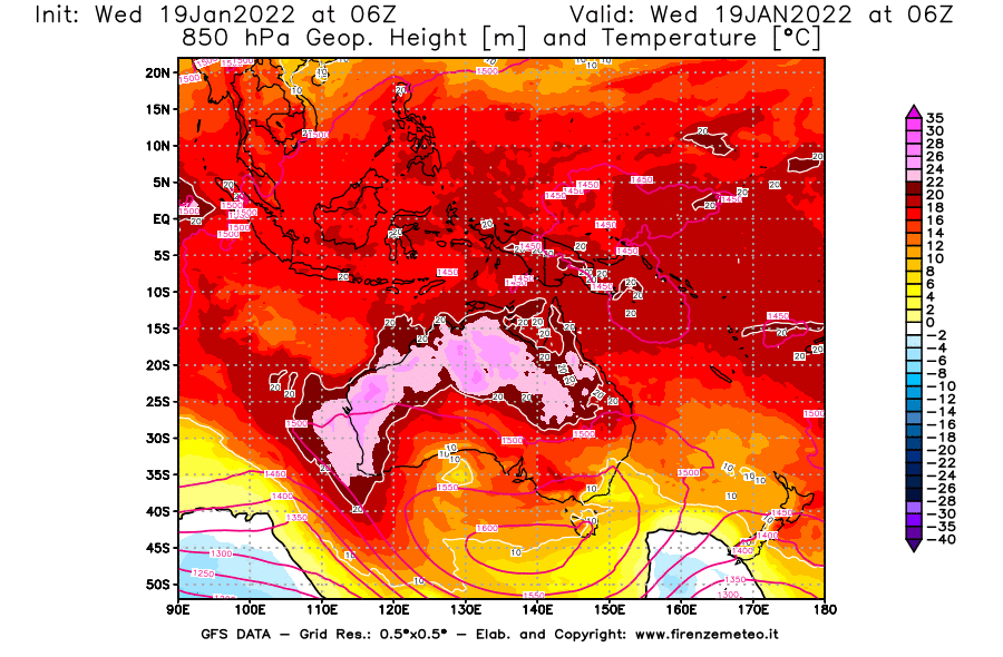 Mappa di analisi GFS - Geopotenziale [m] e Temperatura [°C] a 850 hPa in Oceania
							del 19/01/2022 06 <!--googleoff: index-->UTC<!--googleon: index-->