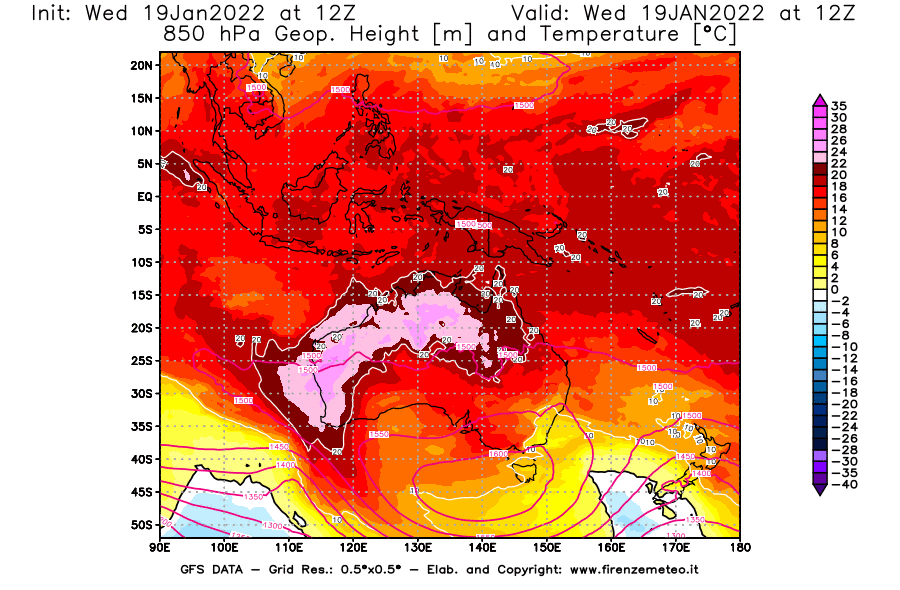 Mappa di analisi GFS - Geopotenziale [m] e Temperatura [°C] a 850 hPa in Oceania
							del 19/01/2022 12 <!--googleoff: index-->UTC<!--googleon: index-->