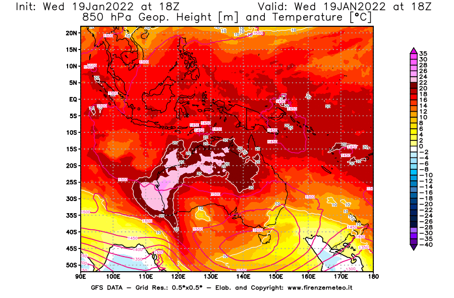Mappa di analisi GFS - Geopotenziale [m] e Temperatura [°C] a 850 hPa in Oceania
							del 19/01/2022 18 <!--googleoff: index-->UTC<!--googleon: index-->
