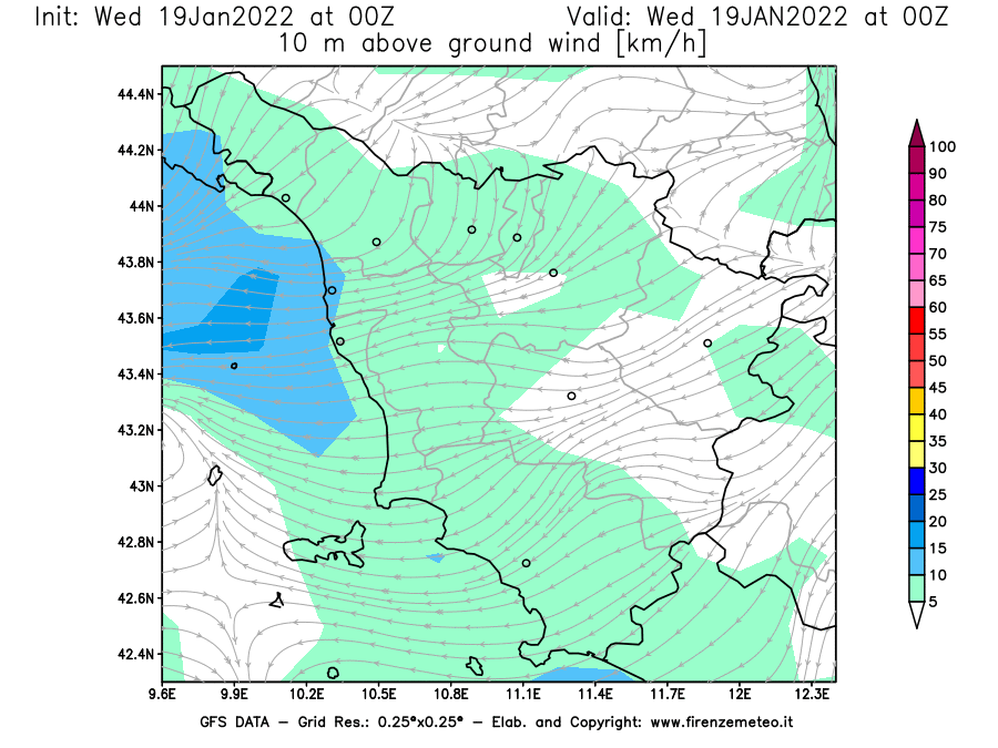 Mappa di analisi GFS - Velocità del vento a 10 metri dal suolo [km/h] in Toscana
							del 19/01/2022 00 <!--googleoff: index-->UTC<!--googleon: index-->