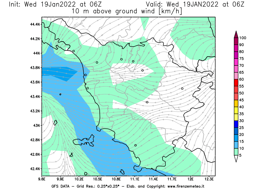 Mappa di analisi GFS - Velocità del vento a 10 metri dal suolo [km/h] in Toscana
							del 19/01/2022 06 <!--googleoff: index-->UTC<!--googleon: index-->