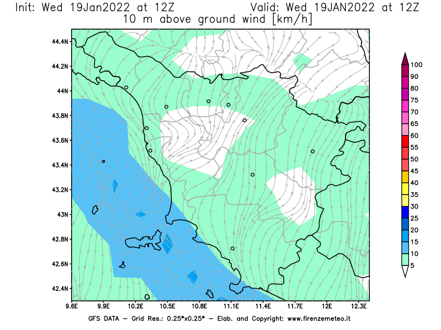 Mappa di analisi GFS - Velocità del vento a 10 metri dal suolo [km/h] in Toscana
							del 19/01/2022 12 <!--googleoff: index-->UTC<!--googleon: index-->