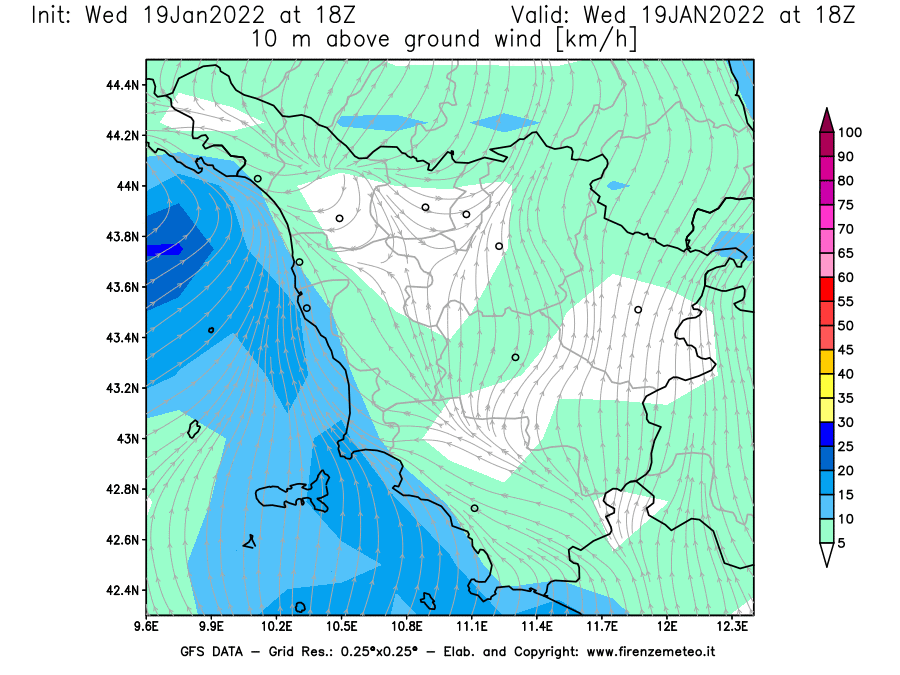 Mappa di analisi GFS - Velocità del vento a 10 metri dal suolo [km/h] in Toscana
							del 19/01/2022 18 <!--googleoff: index-->UTC<!--googleon: index-->