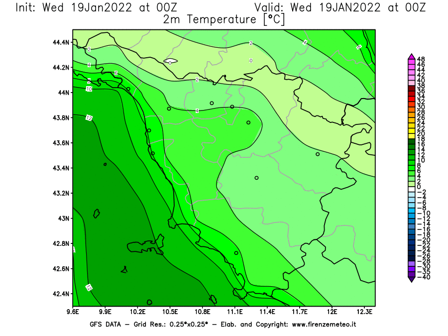 Mappa di analisi GFS - Temperatura a 2 metri dal suolo [°C] in Toscana
							del 19/01/2022 00 <!--googleoff: index-->UTC<!--googleon: index-->