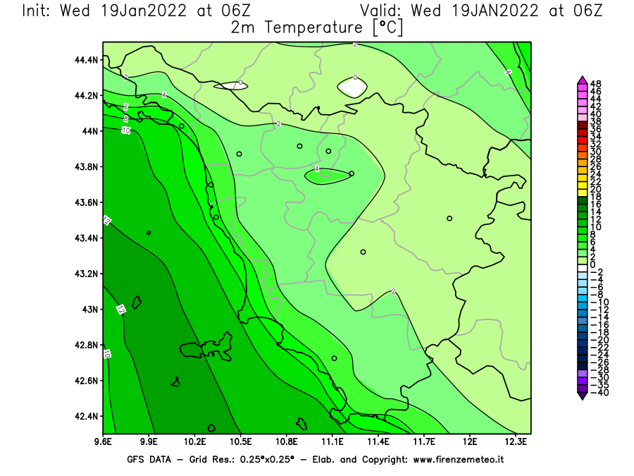 Mappa di analisi GFS - Temperatura a 2 metri dal suolo [°C] in Toscana
							del 19/01/2022 06 <!--googleoff: index-->UTC<!--googleon: index-->