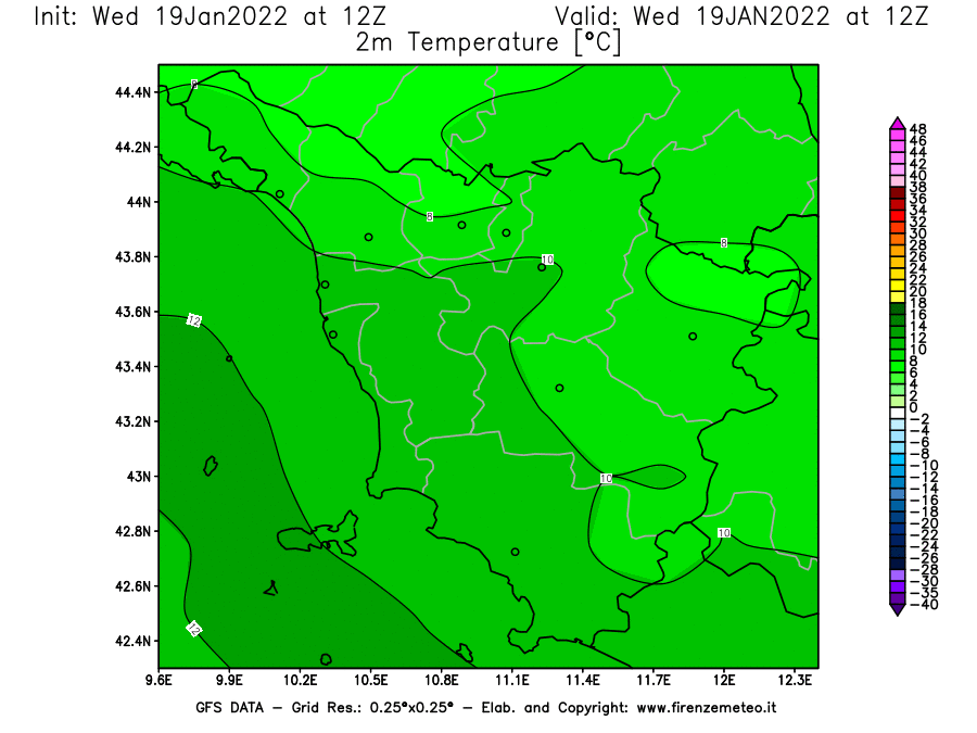 Mappa di analisi GFS - Temperatura a 2 metri dal suolo [°C] in Toscana
							del 19/01/2022 12 <!--googleoff: index-->UTC<!--googleon: index-->