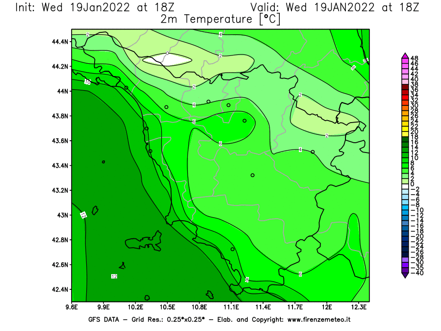 Mappa di analisi GFS - Temperatura a 2 metri dal suolo [°C] in Toscana
							del 19/01/2022 18 <!--googleoff: index-->UTC<!--googleon: index-->