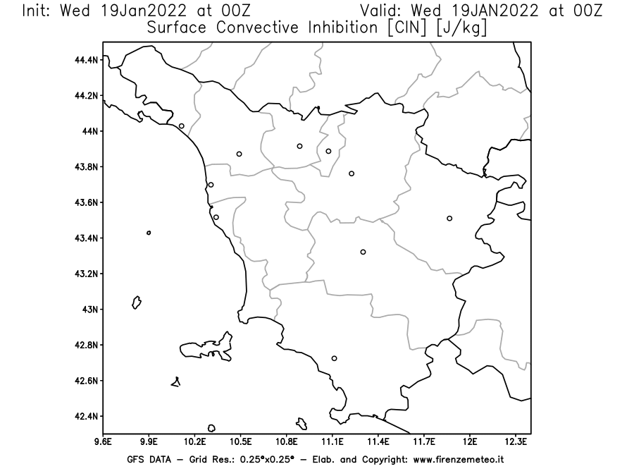 Mappa di analisi GFS - CIN [J/kg] in Toscana
							del 19/01/2022 00 <!--googleoff: index-->UTC<!--googleon: index-->