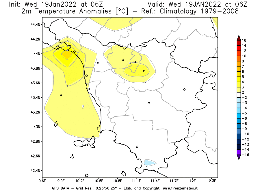 Mappa di analisi GFS - Anomalia Temperatura [°C] a 2 m in Toscana
							del 19/01/2022 06 <!--googleoff: index-->UTC<!--googleon: index-->