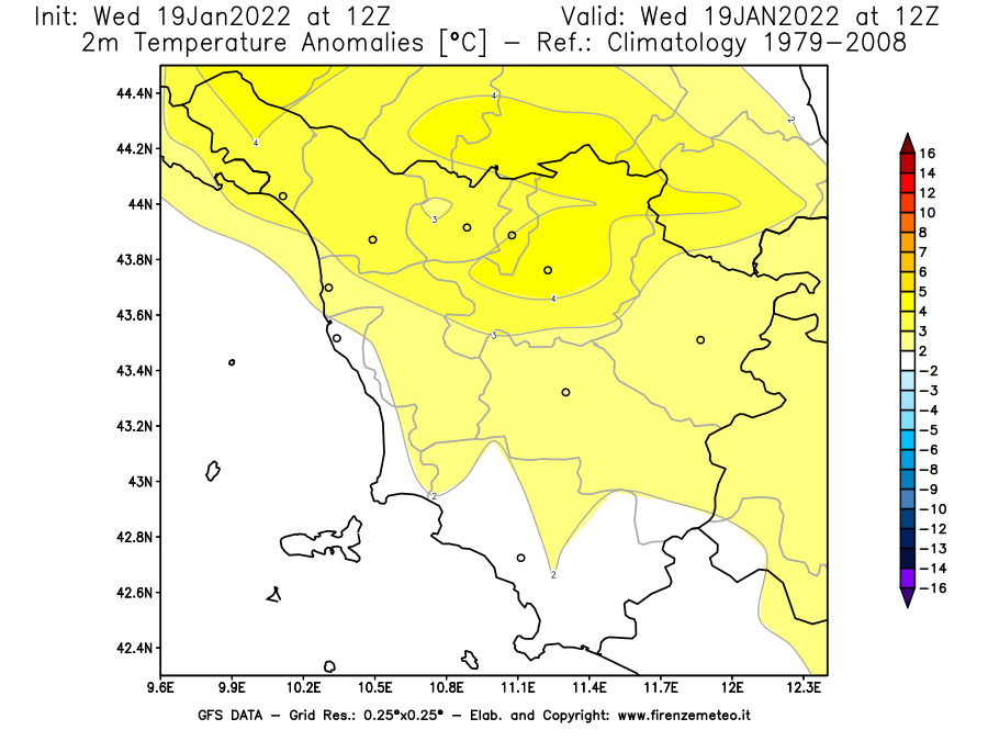 Mappa di analisi GFS - Anomalia Temperatura [°C] a 2 m in Toscana
							del 19/01/2022 12 <!--googleoff: index-->UTC<!--googleon: index-->