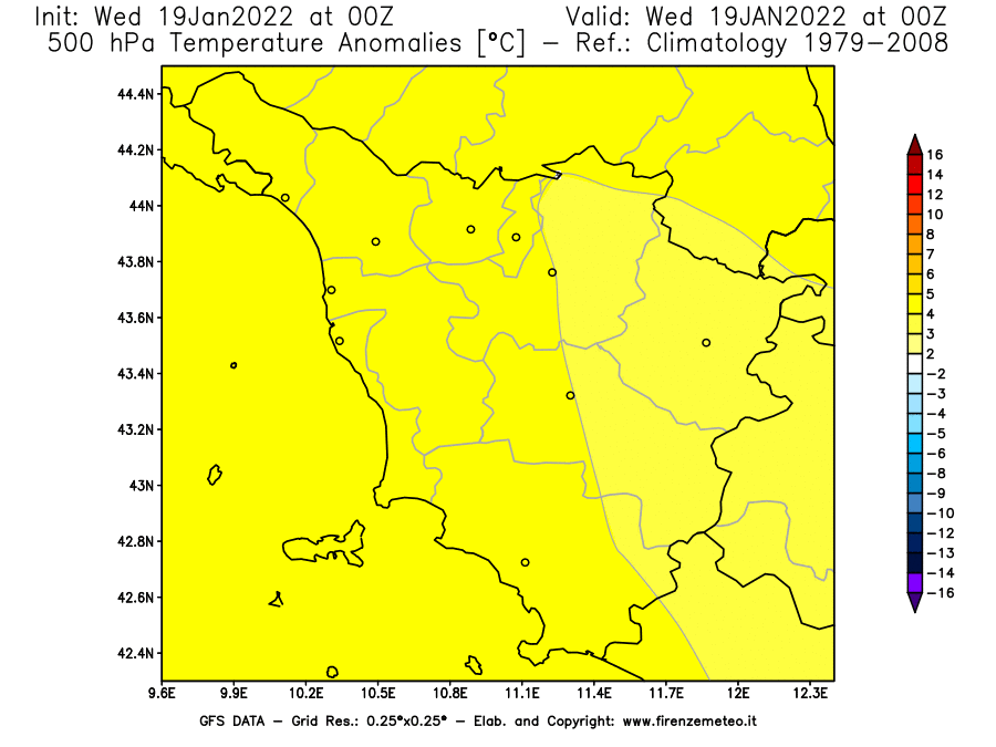 Mappa di analisi GFS - Anomalia Temperatura [°C] a 500 hPa in Toscana
							del 19/01/2022 00 <!--googleoff: index-->UTC<!--googleon: index-->