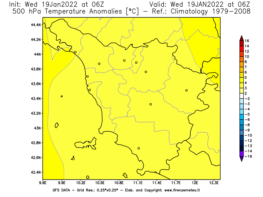 Mappa di analisi GFS - Anomalia Temperatura [°C] a 500 hPa in Toscana
							del 19/01/2022 06 <!--googleoff: index-->UTC<!--googleon: index-->