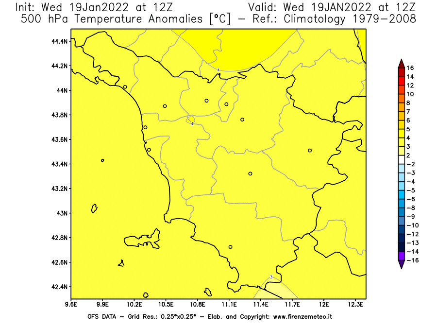 Mappa di analisi GFS - Anomalia Temperatura [°C] a 500 hPa in Toscana
							del 19/01/2022 12 <!--googleoff: index-->UTC<!--googleon: index-->