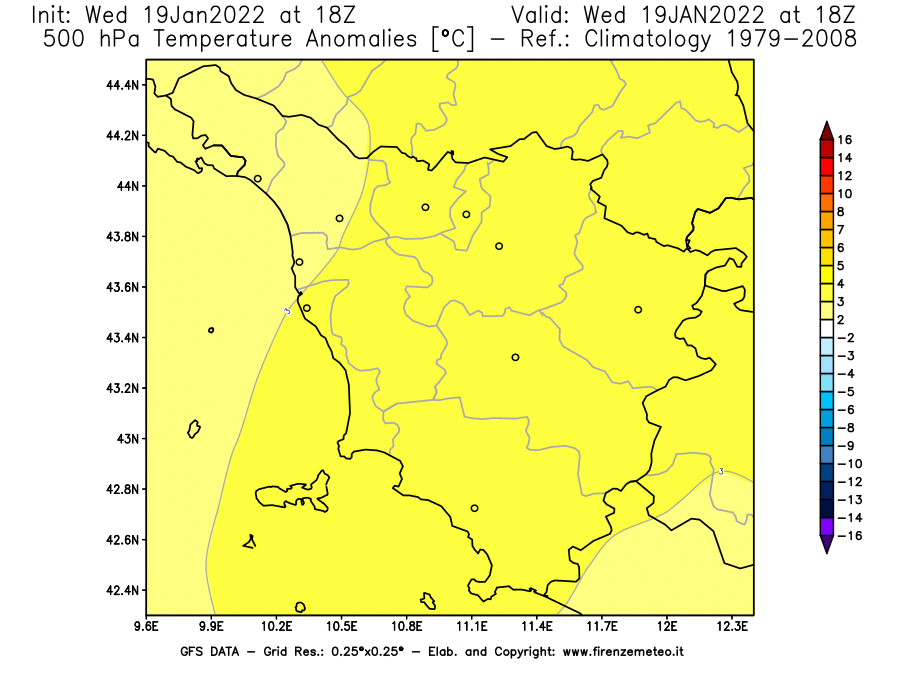 Mappa di analisi GFS - Anomalia Temperatura [°C] a 500 hPa in Toscana
							del 19/01/2022 18 <!--googleoff: index-->UTC<!--googleon: index-->