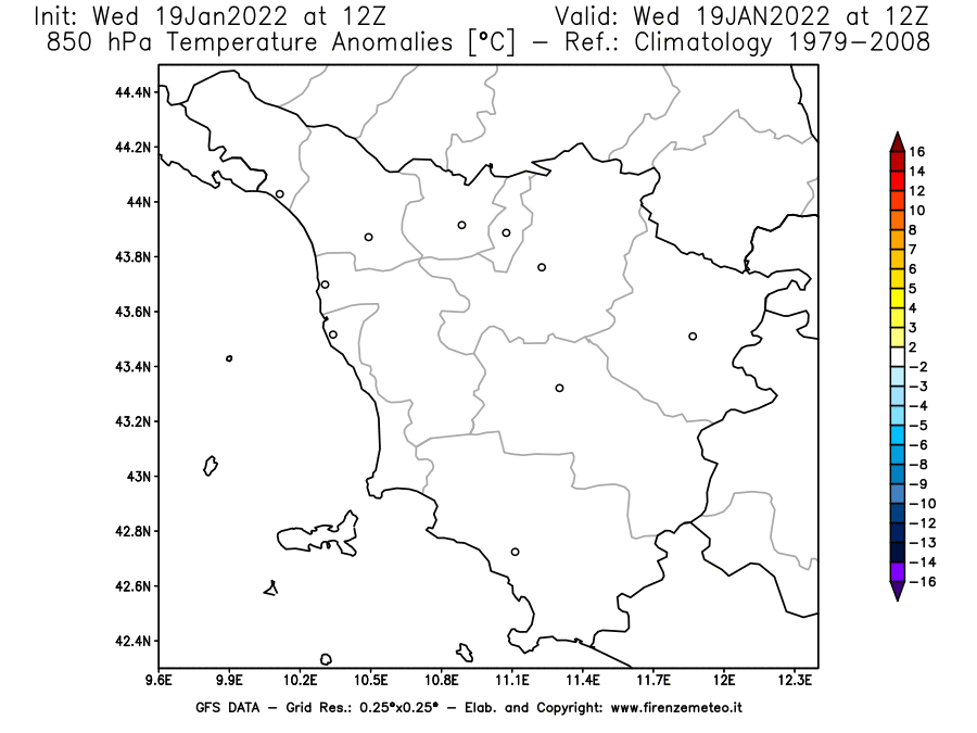 Mappa di analisi GFS - Anomalia Temperatura [°C] a 850 hPa in Toscana
							del 19/01/2022 12 <!--googleoff: index-->UTC<!--googleon: index-->
