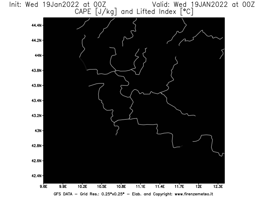 Mappa di analisi GFS - CAPE [J/kg] e Lifted Index [°C] in Toscana
							del 19/01/2022 00 <!--googleoff: index-->UTC<!--googleon: index-->