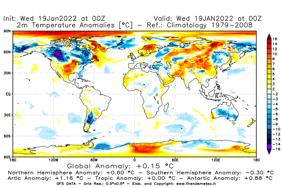 Mappa di analisi GFS - Anomalia Temperatura [°C] a 2 m in World
							del 19/01/2022 00 <!--googleoff: index-->UTC<!--googleon: index-->