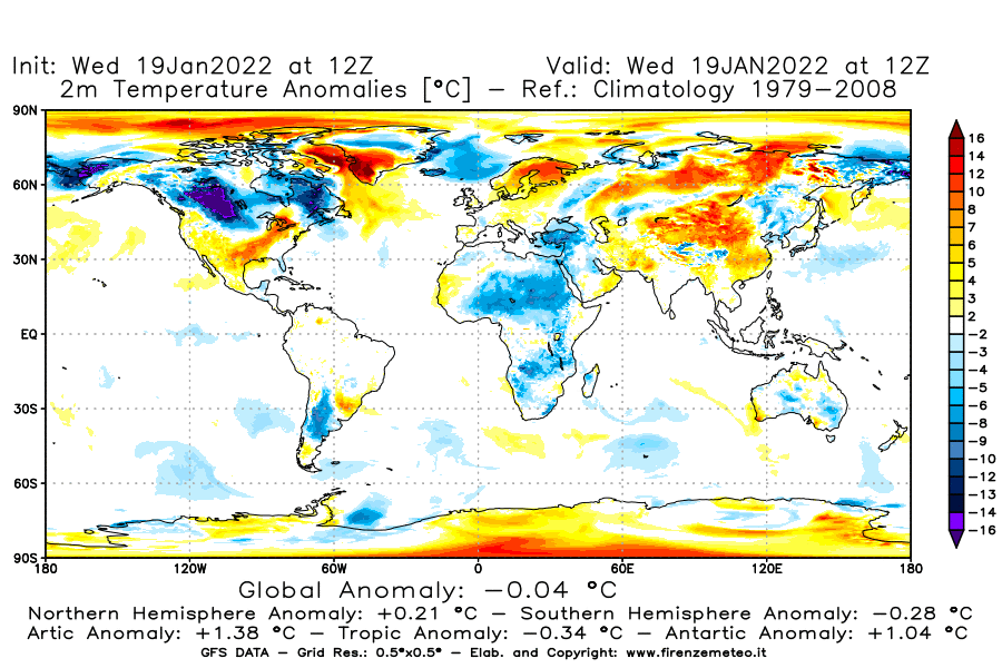 Mappa di analisi GFS - Anomalia Temperatura [°C] a 2 m in World
							del 19/01/2022 12 <!--googleoff: index-->UTC<!--googleon: index-->