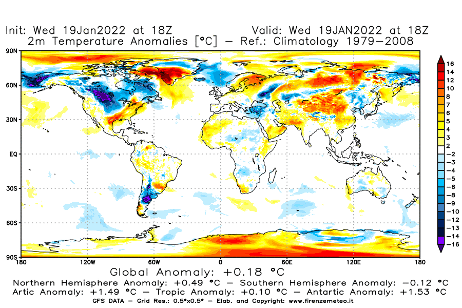 Mappa di analisi GFS - Anomalia Temperatura [°C] a 2 m in World
							del 19/01/2022 18 <!--googleoff: index-->UTC<!--googleon: index-->