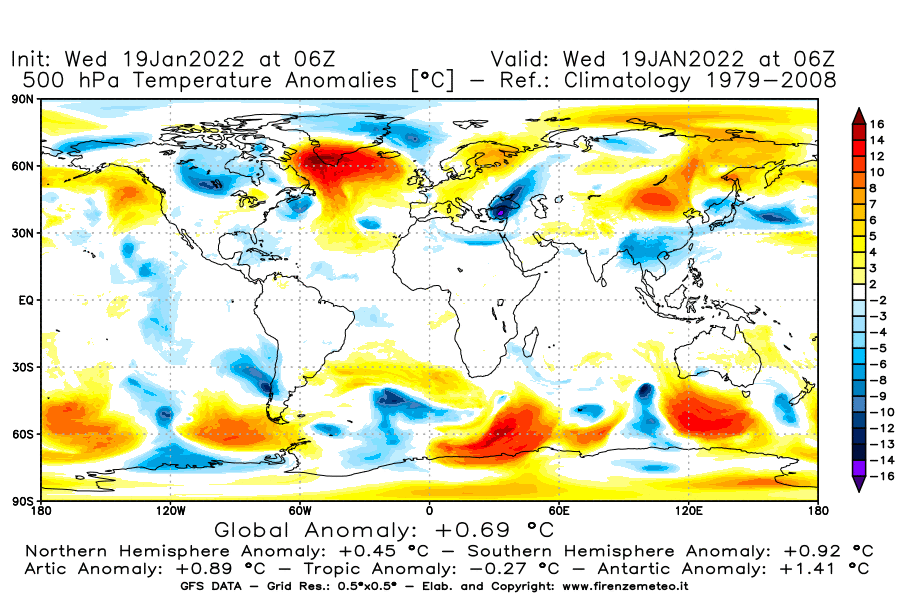Mappa di analisi GFS - Anomalia Temperatura [°C] a 500 hPa in World
							del 19/01/2022 06 <!--googleoff: index-->UTC<!--googleon: index-->