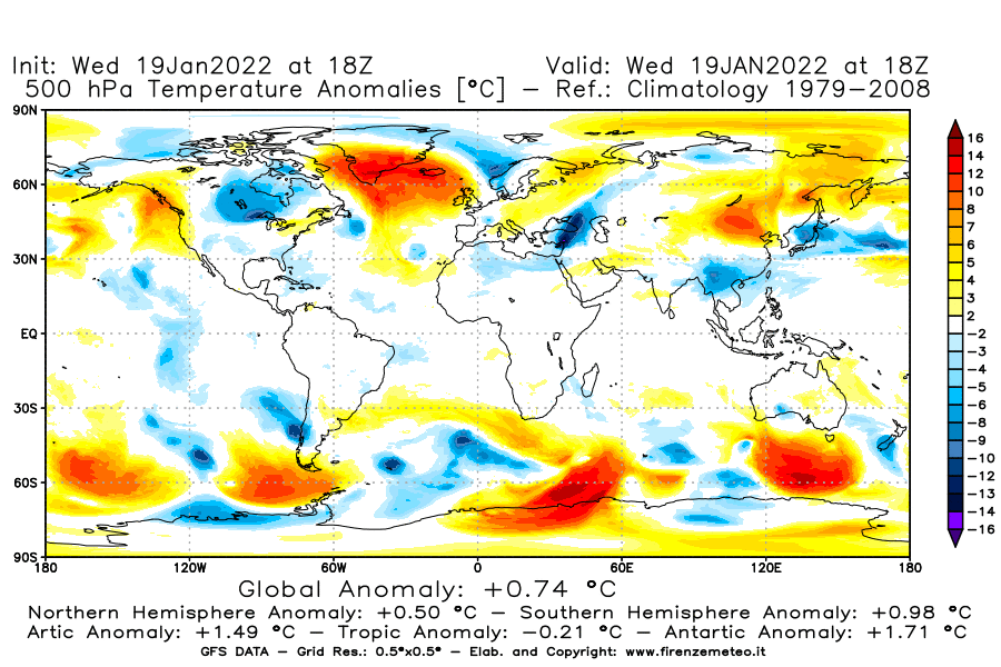 Mappa di analisi GFS - Anomalia Temperatura [°C] a 500 hPa in World
							del 19/01/2022 18 <!--googleoff: index-->UTC<!--googleon: index-->