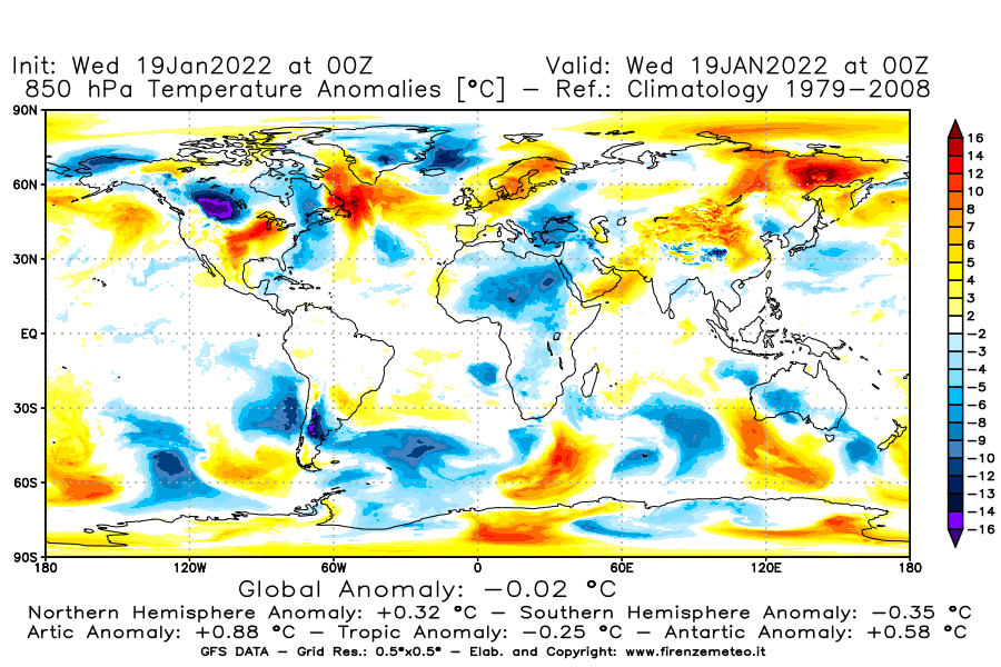 Mappa di analisi GFS - Anomalia Temperatura [°C] a 850 hPa in World
							del 19/01/2022 00 <!--googleoff: index-->UTC<!--googleon: index-->