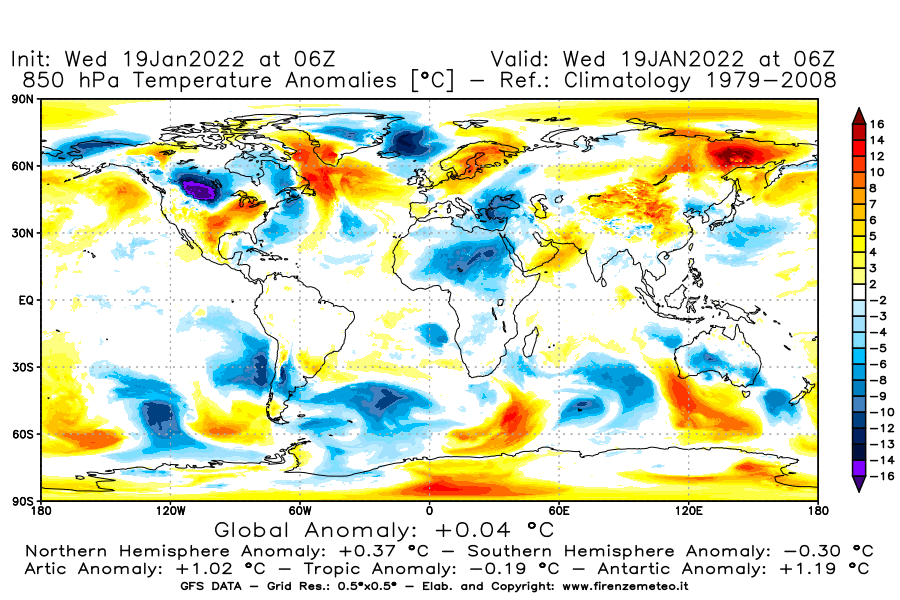Mappa di analisi GFS - Anomalia Temperatura [°C] a 850 hPa in World
							del 19/01/2022 06 <!--googleoff: index-->UTC<!--googleon: index-->