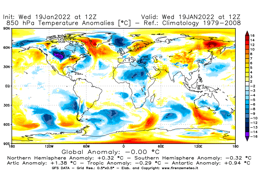 Mappa di analisi GFS - Anomalia Temperatura [°C] a 850 hPa in World
							del 19/01/2022 12 <!--googleoff: index-->UTC<!--googleon: index-->