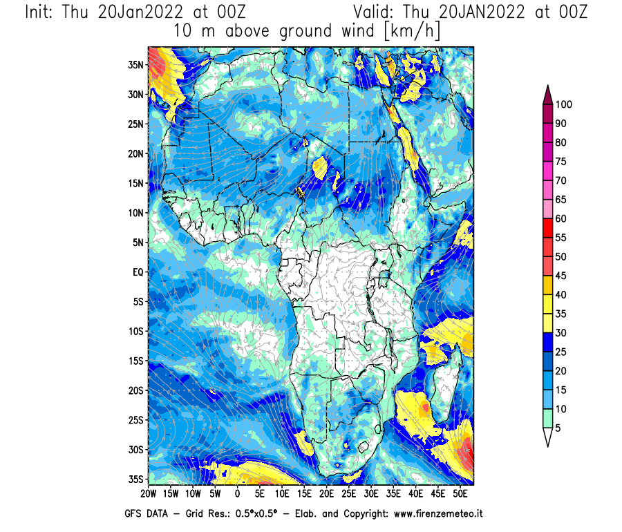 Mappa di analisi GFS - Velocità del vento a 10 metri dal suolo [km/h] in Africa
							del 20/01/2022 00 <!--googleoff: index-->UTC<!--googleon: index-->