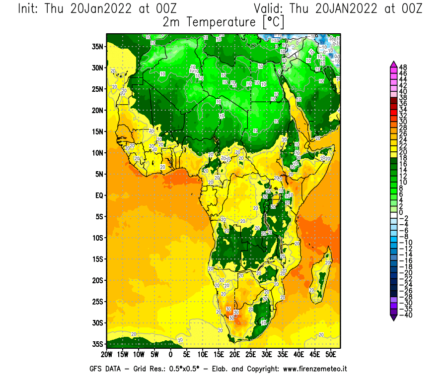 Mappa di analisi GFS - Temperatura a 2 metri dal suolo [°C] in Africa
							del 20/01/2022 00 <!--googleoff: index-->UTC<!--googleon: index-->