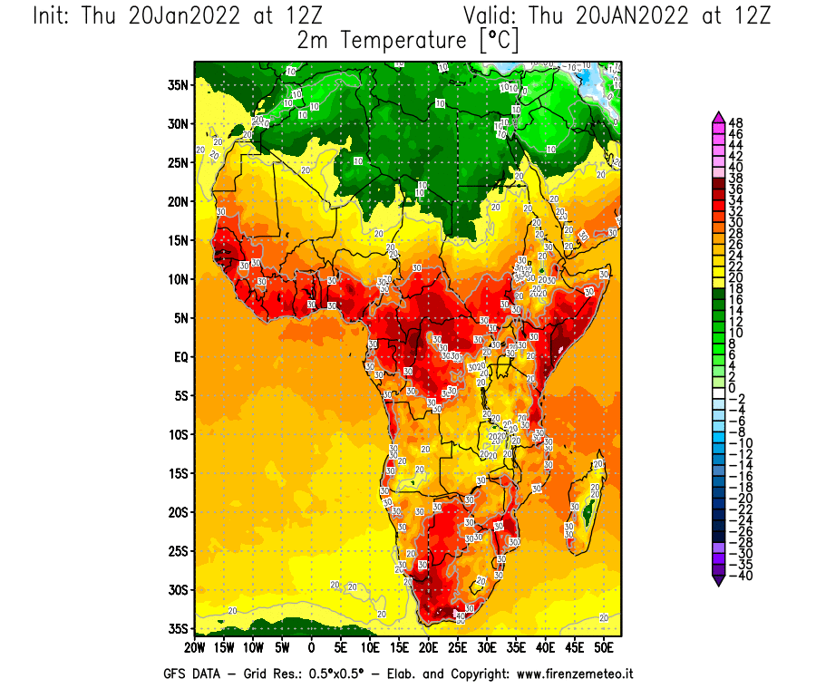 Mappa di analisi GFS - Temperatura a 2 metri dal suolo [°C] in Africa
							del 20/01/2022 12 <!--googleoff: index-->UTC<!--googleon: index-->