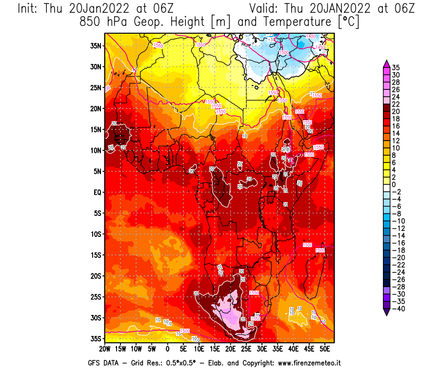 Mappa di analisi GFS - Geopotenziale [m] e Temperatura [°C] a 850 hPa in Africa
							del 20/01/2022 06 <!--googleoff: index-->UTC<!--googleon: index-->