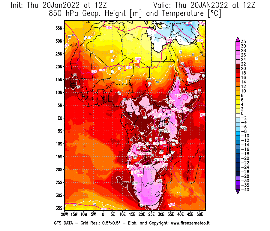 Mappa di analisi GFS - Geopotenziale [m] e Temperatura [°C] a 850 hPa in Africa
							del 20/01/2022 12 <!--googleoff: index-->UTC<!--googleon: index-->