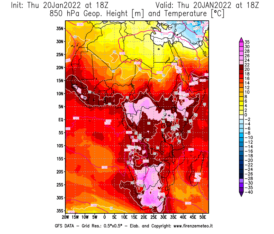 Mappa di analisi GFS - Geopotenziale [m] e Temperatura [°C] a 850 hPa in Africa
							del 20/01/2022 18 <!--googleoff: index-->UTC<!--googleon: index-->
