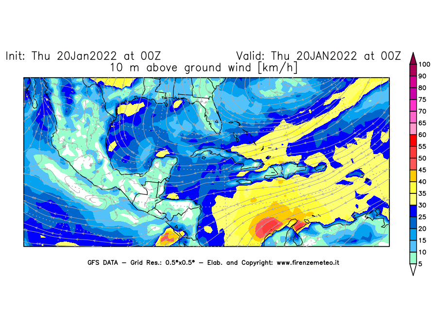 Mappa di analisi GFS - Velocità del vento a 10 metri dal suolo [km/h] in Centro-America
							del 20/01/2022 00 <!--googleoff: index-->UTC<!--googleon: index-->