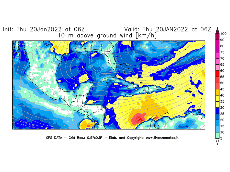 Mappa di analisi GFS - Velocità del vento a 10 metri dal suolo [km/h] in Centro-America
							del 20/01/2022 06 <!--googleoff: index-->UTC<!--googleon: index-->
