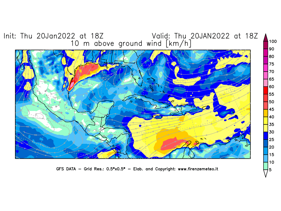 Mappa di analisi GFS - Velocità del vento a 10 metri dal suolo [km/h] in Centro-America
							del 20/01/2022 18 <!--googleoff: index-->UTC<!--googleon: index-->