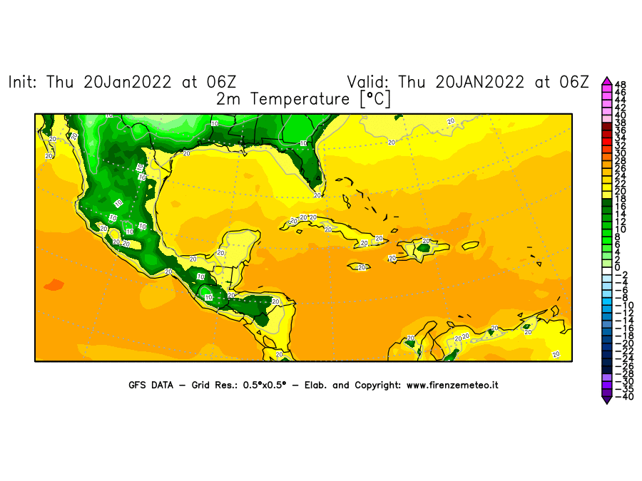 Mappa di analisi GFS - Temperatura a 2 metri dal suolo [°C] in Centro-America
							del 20/01/2022 06 <!--googleoff: index-->UTC<!--googleon: index-->