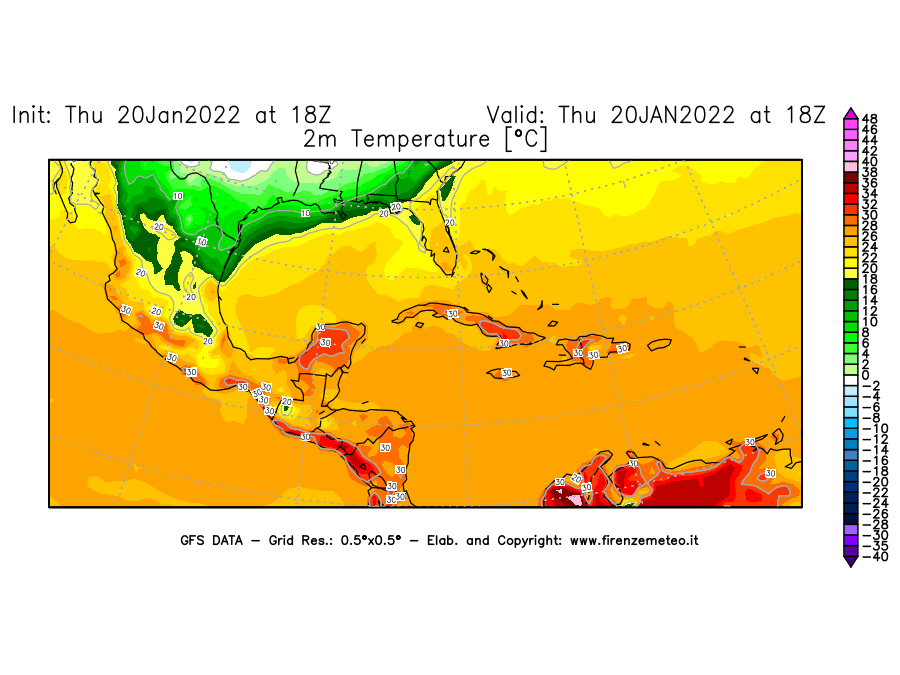 Mappa di analisi GFS - Temperatura a 2 metri dal suolo [°C] in Centro-America
							del 20/01/2022 18 <!--googleoff: index-->UTC<!--googleon: index-->