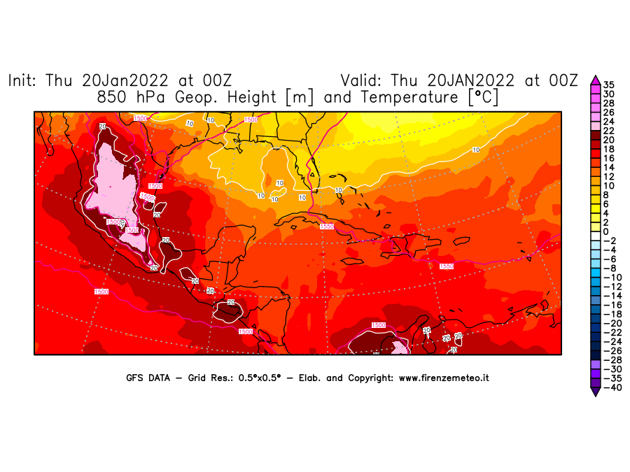 Mappa di analisi GFS - Geopotenziale [m] e Temperatura [°C] a 850 hPa in Centro-America
							del 20/01/2022 00 <!--googleoff: index-->UTC<!--googleon: index-->